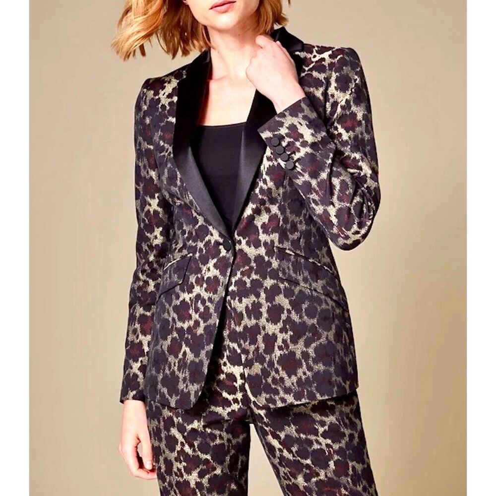 Karen Millen 2018 Leopard Print Jacquard Satin Lapel Tuxedo Evening Jacket/ US 8